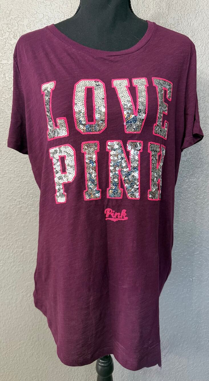 Victorias Secret PINK Womens Sz L Burgundy Bling Love Pink Sequin Tee T Shirt